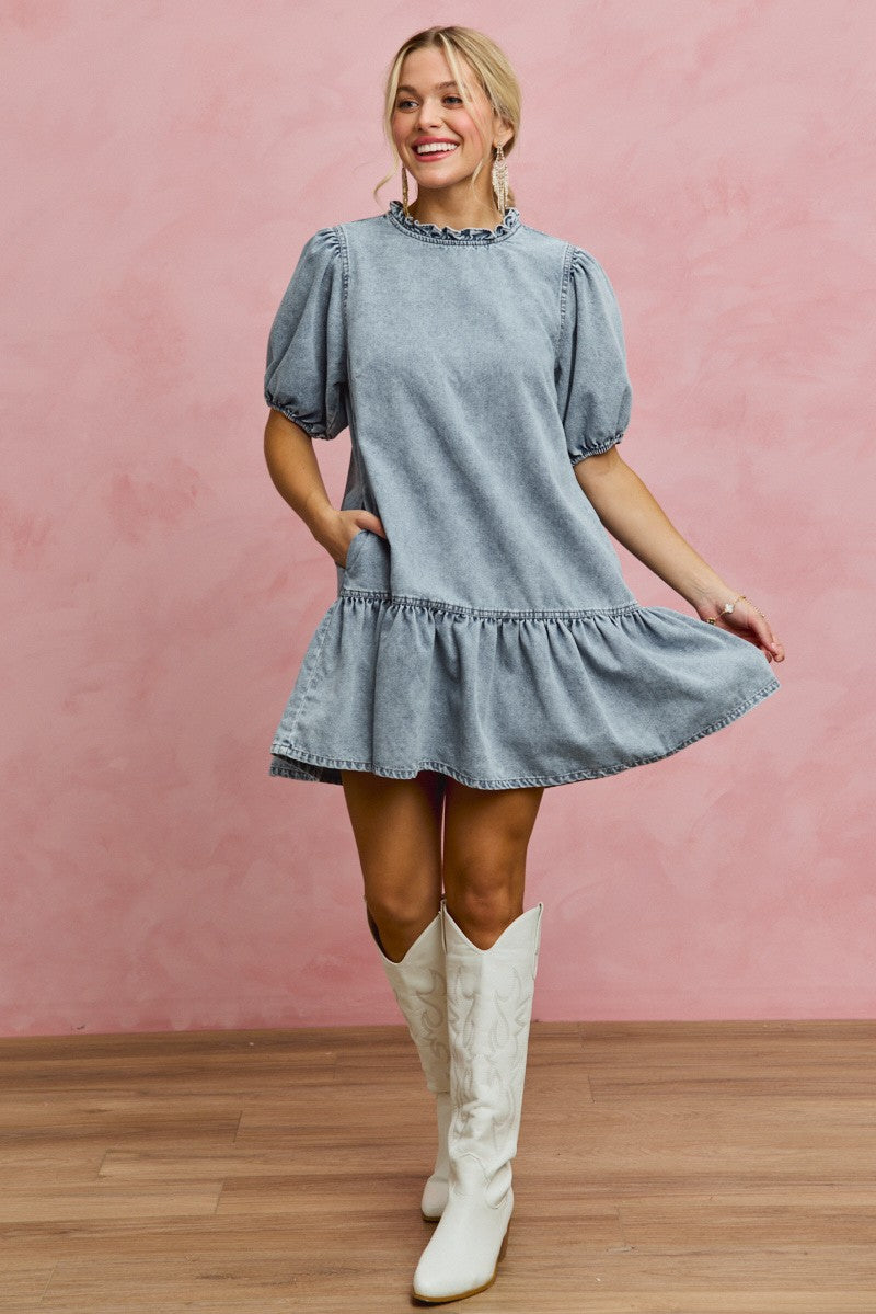 Denim Short Sleeves Mini Tiered Dress for Women
