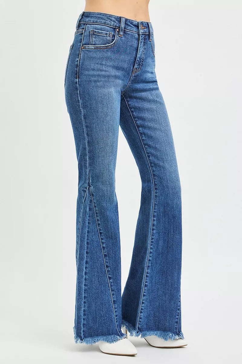 Mid Rise Flare Side Seam Detailing Jeans in Dark for Women