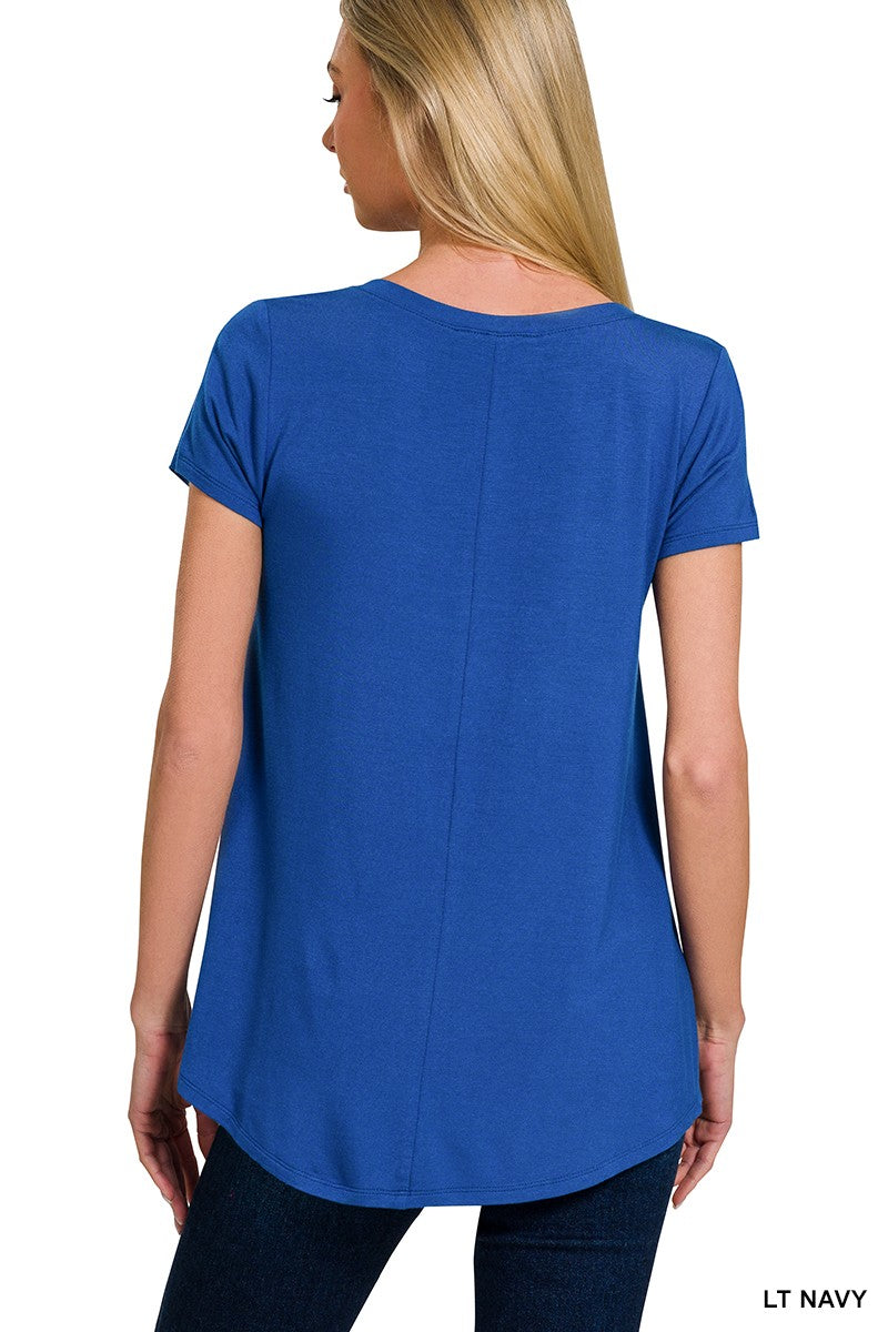 Rayon Short Sleeve V-Neck Round Hem Top in Light Navy for Women