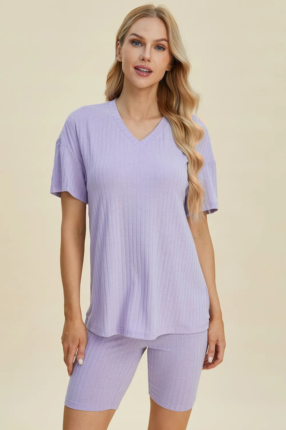 Plus Size Ribbed V-Neck Short Sleeve Top and Shorts Set in Yellow-Green for Women