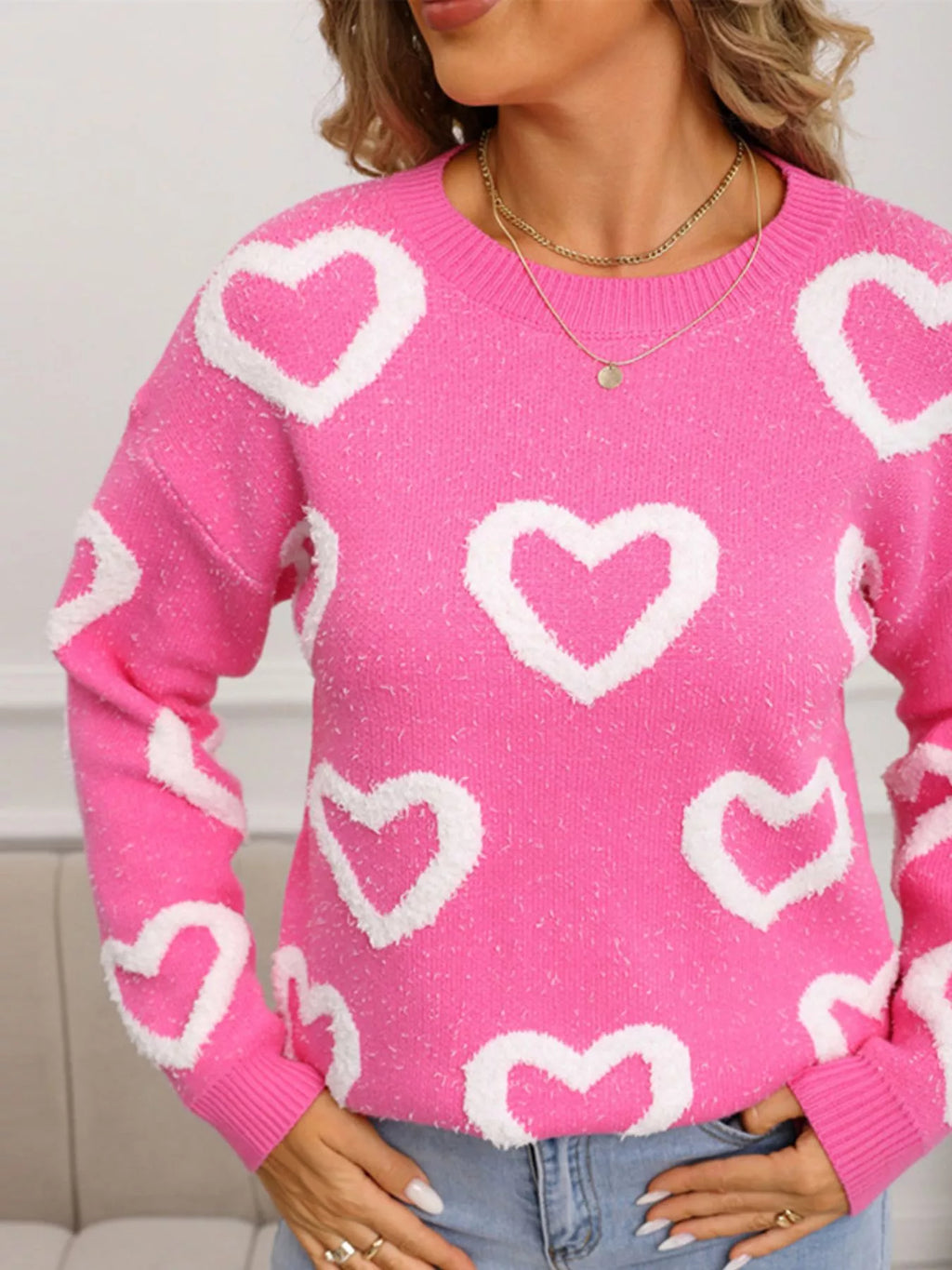 Valentines Day Heart Pattern Round Neck Sweater in White for Women