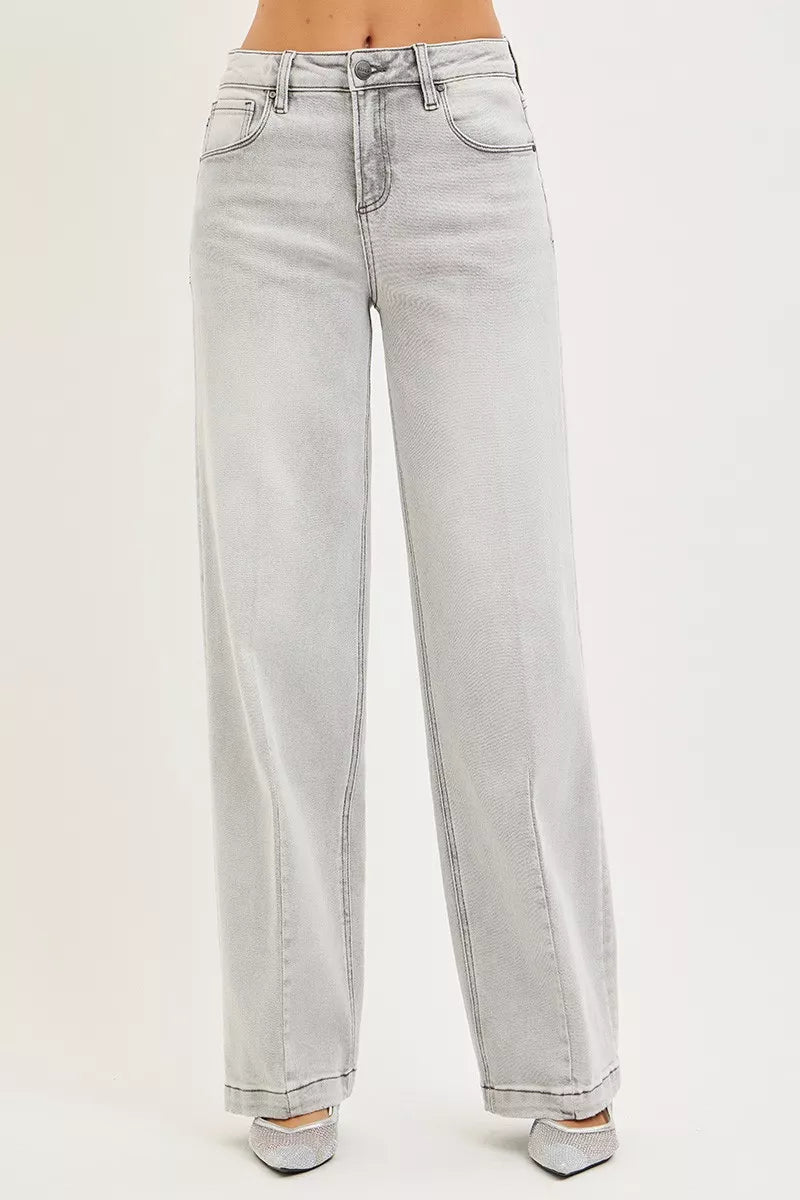 Slouchy Baggy Jeans with Contrast Stitching in Light Grey for Women