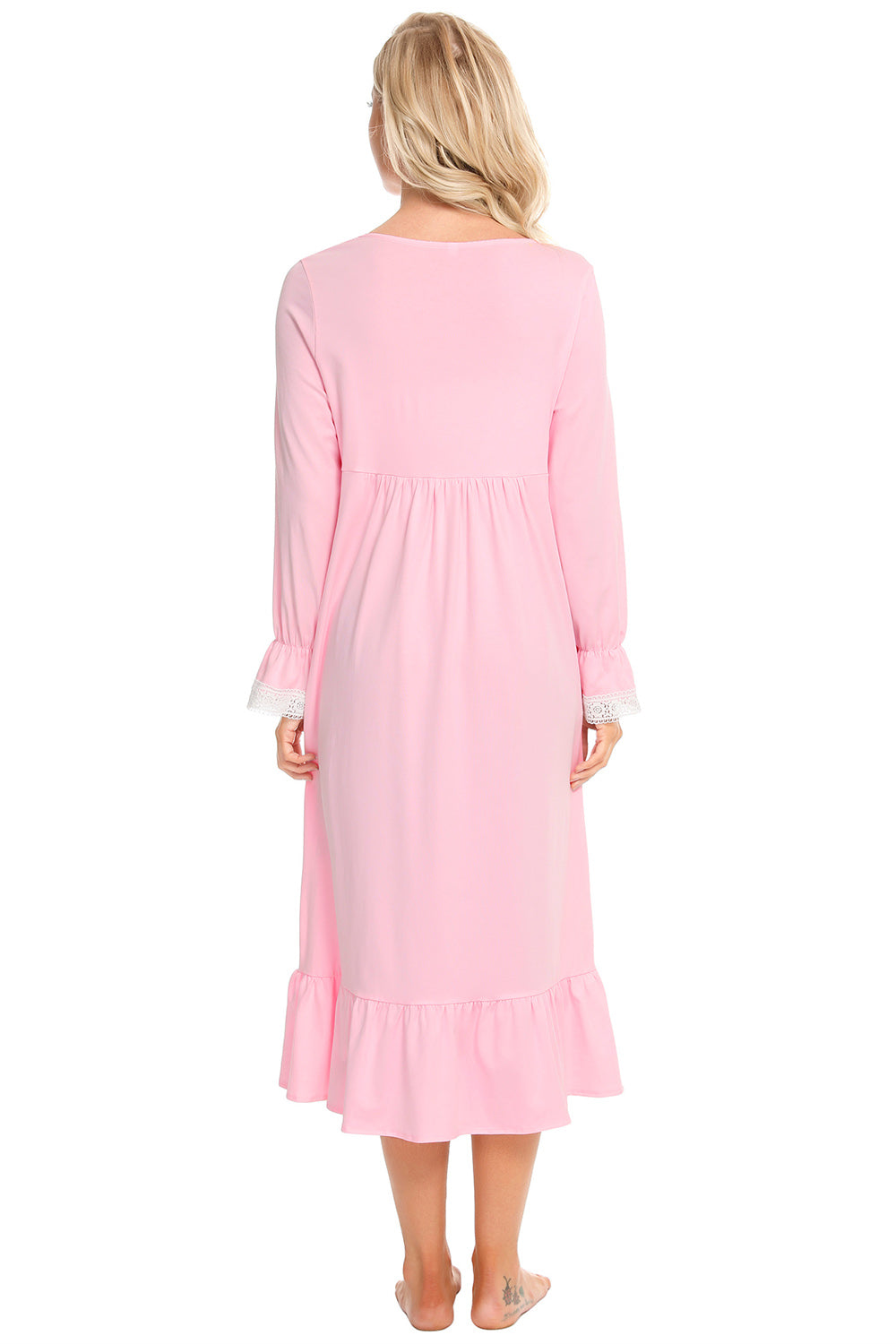 Lace Detail Square Neck Flounce Sleeve Night Dress in Dusty Pink for Women