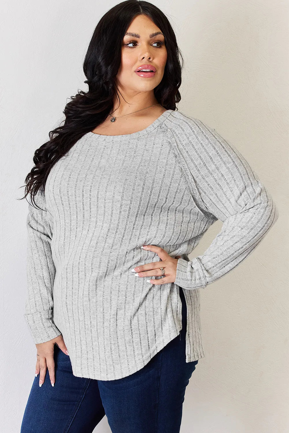 Plus Size Ribbed Round Neck Slit T-Shirt in Light Gray for Women