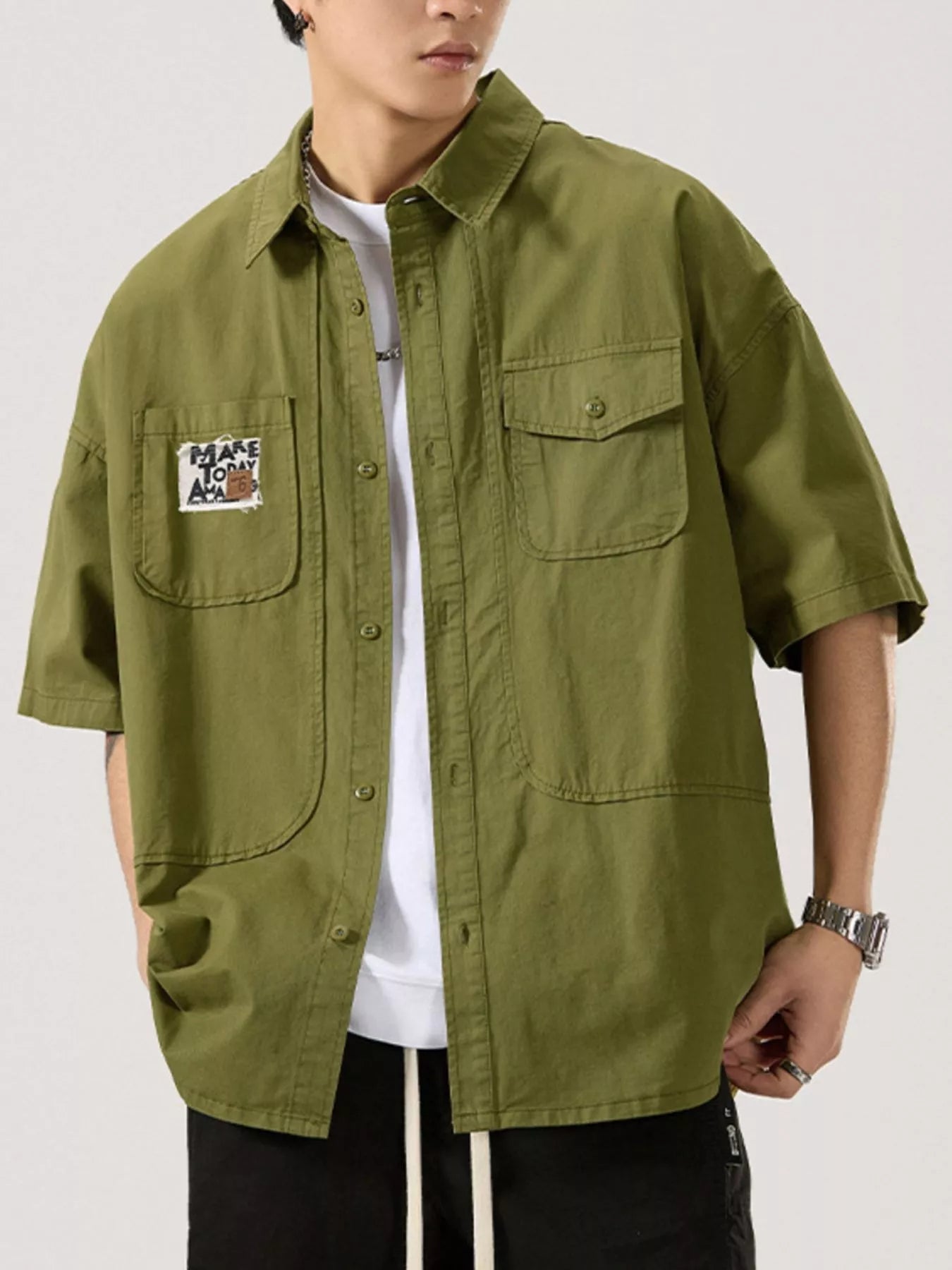 Button Up Short Sleeve Shirt Plus Size in Army Green for Men