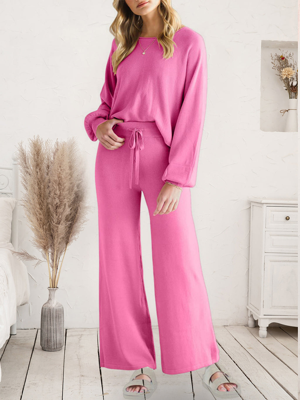 Long Sleeve Lounge Top and Drawstring Pants Set in Pink for Women