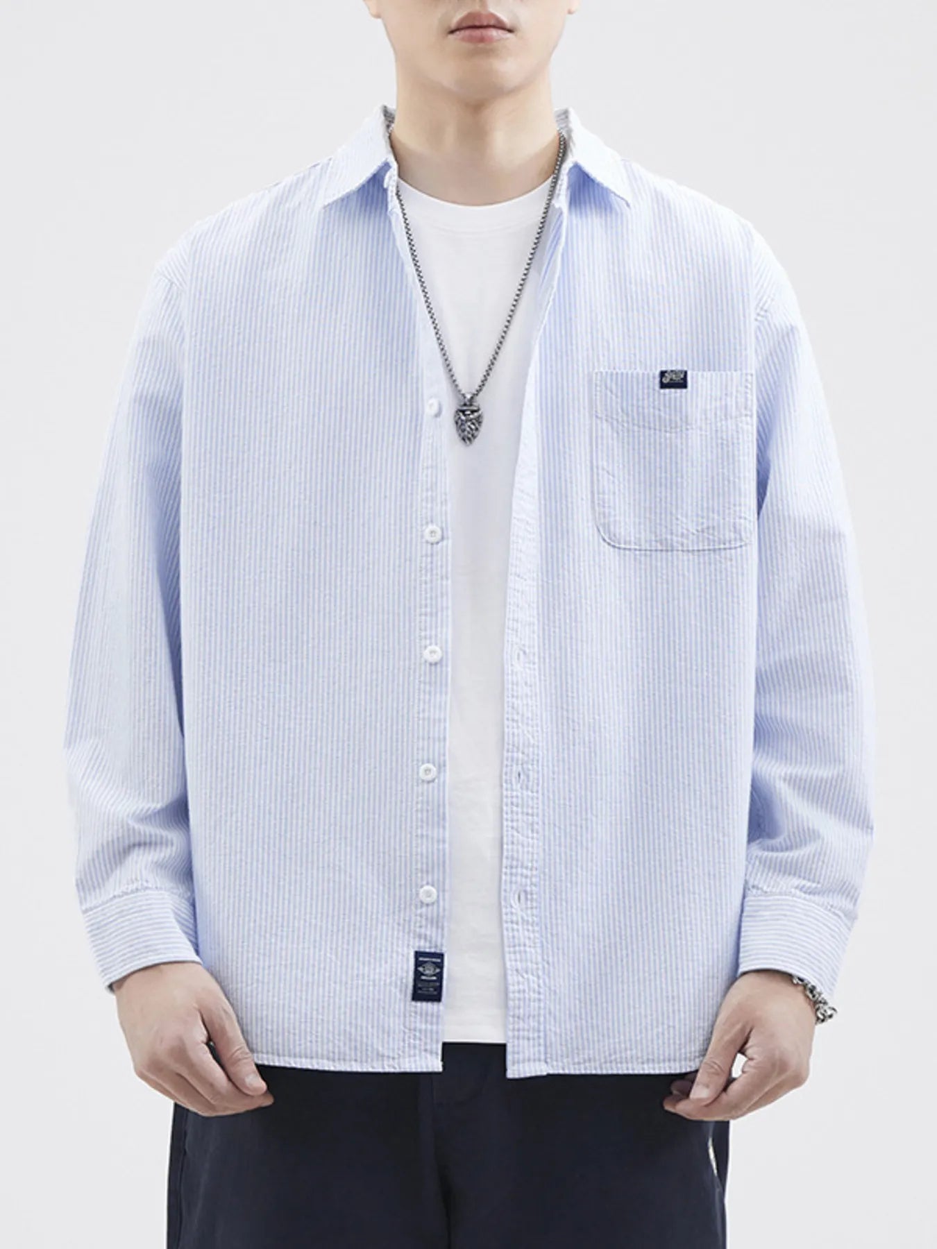 Plus Size Striped Button Up Long Sleeve Shirt in Light Blue in Gray for Men
