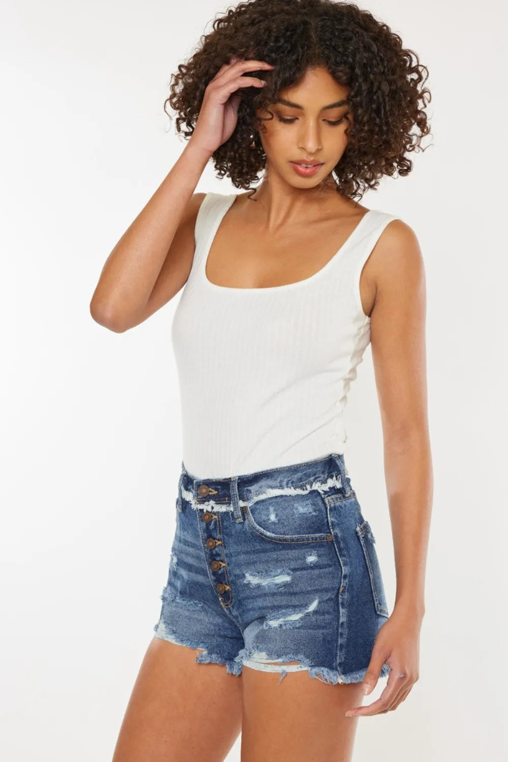 Distressed Button Fly Denim Shorts in Dark for Women