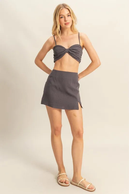 Ruched Bra Top and Mini Skirt Set in Charcoal for Women