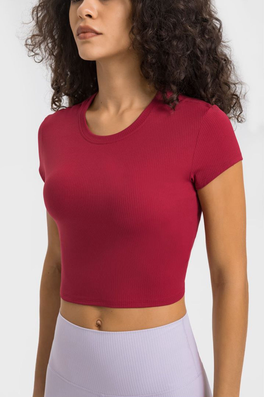 Round Neck Short Sleeve Cropped Sports T-Shirt in Brown for Women
