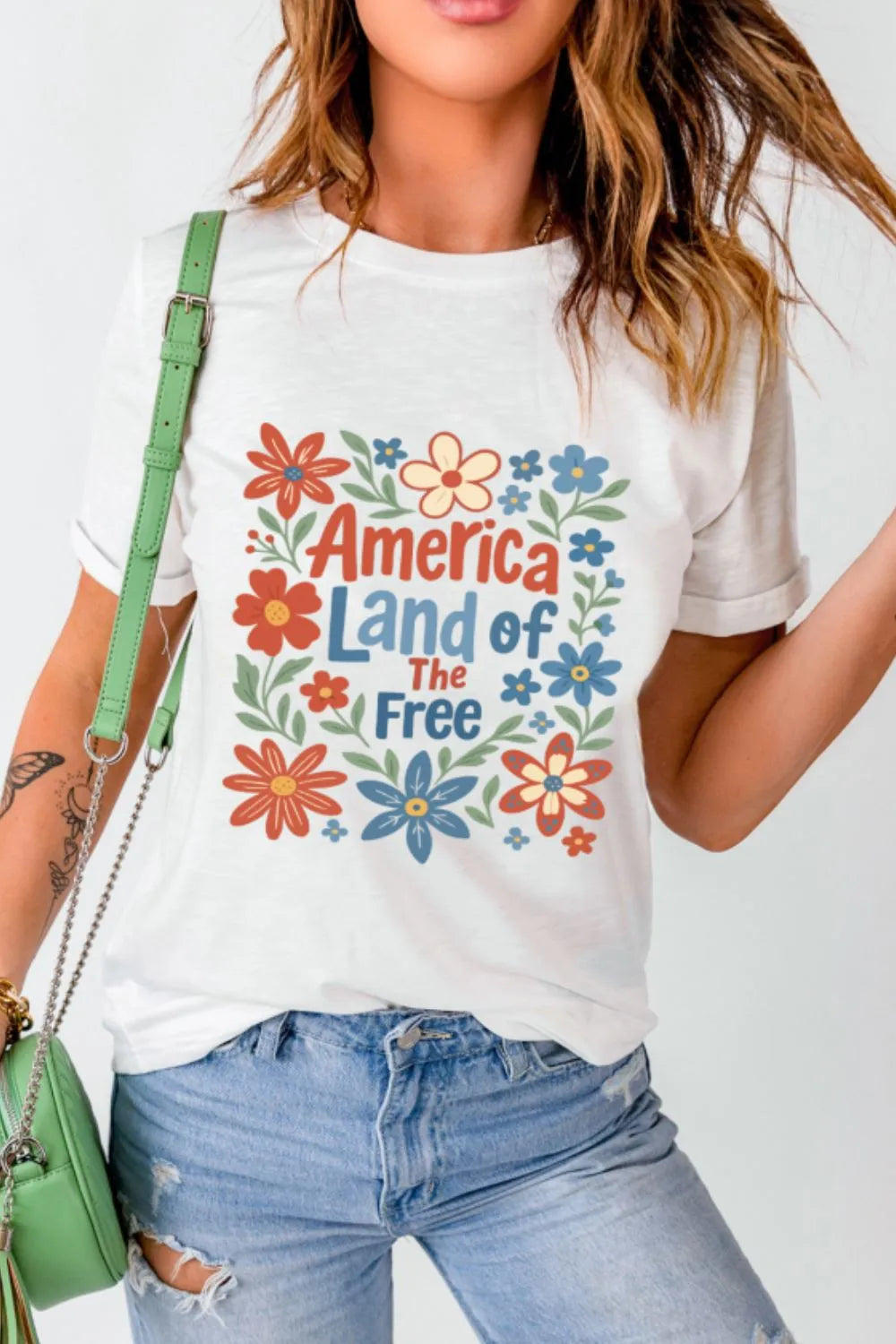 Patriotic Floral America Land of the Free Graphic T-Shirt in White for Women