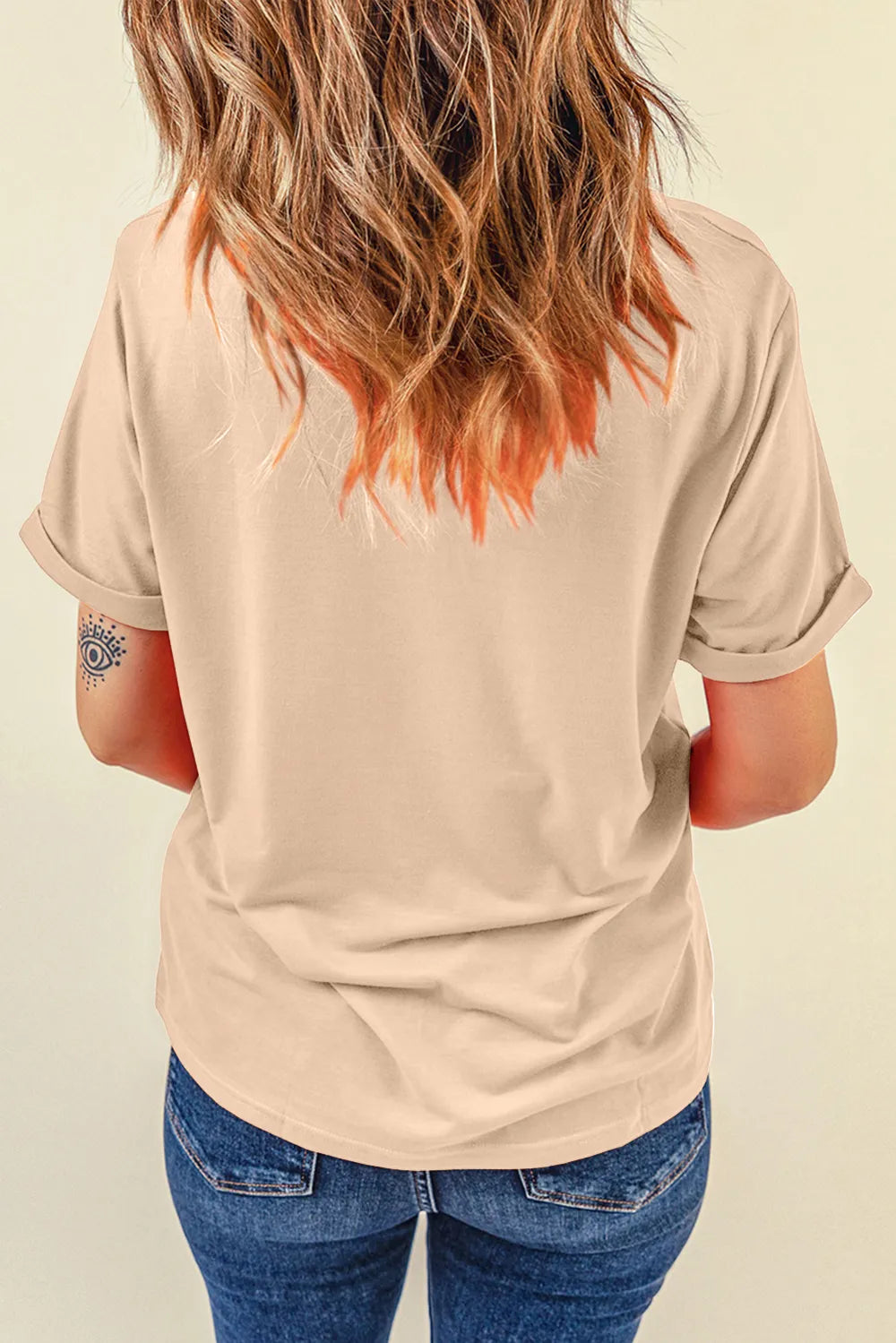 Cowboy Graphic Round Neck Short Sleeve T-Shirt in Tan for Women