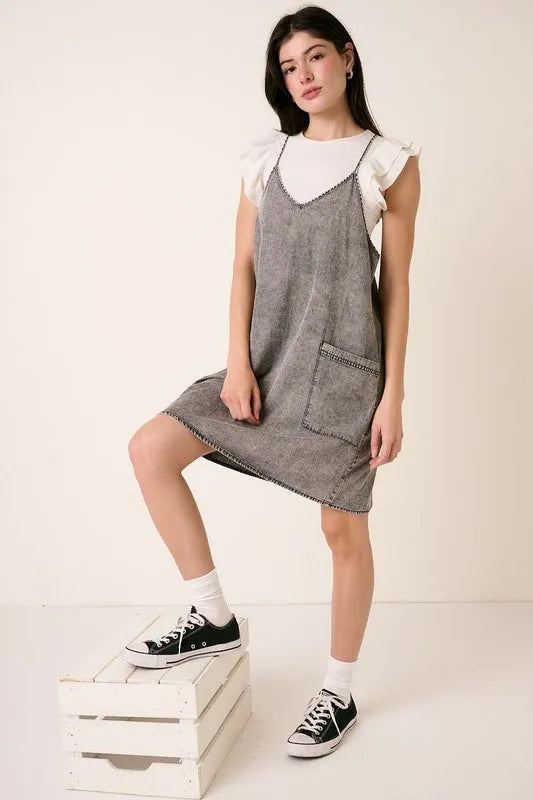 Washed Patch Pocket Mini Cami Denim Dress for Women