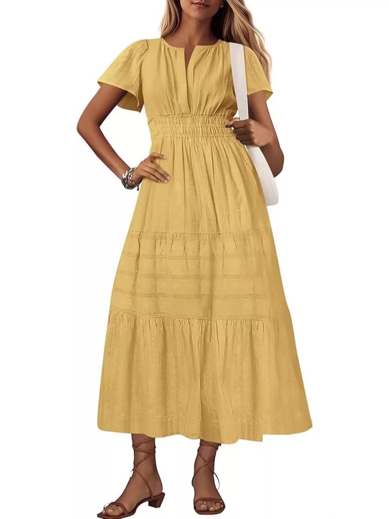 Plus Size Short Sleeve Tiered Midi Dress in Black for Women