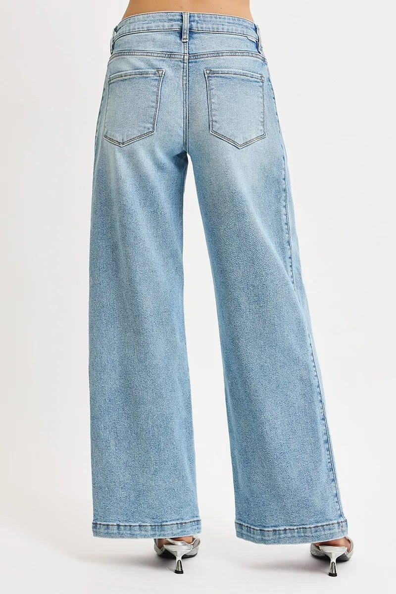 Mid Rise Wide Barrel Transferable Leg Snap Jeans in Medium for Women