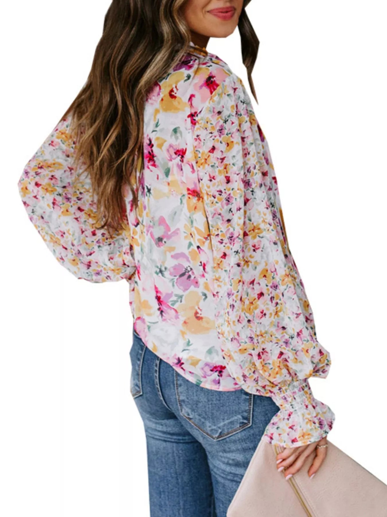 Floral Print Smocked Cuff Blouse Plus Size in Pink for Women