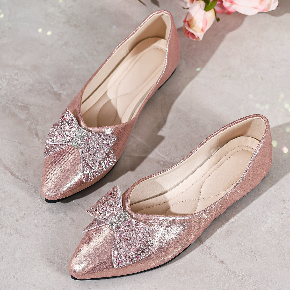 Bow Point Toe Slip-Ons in Gold for Women