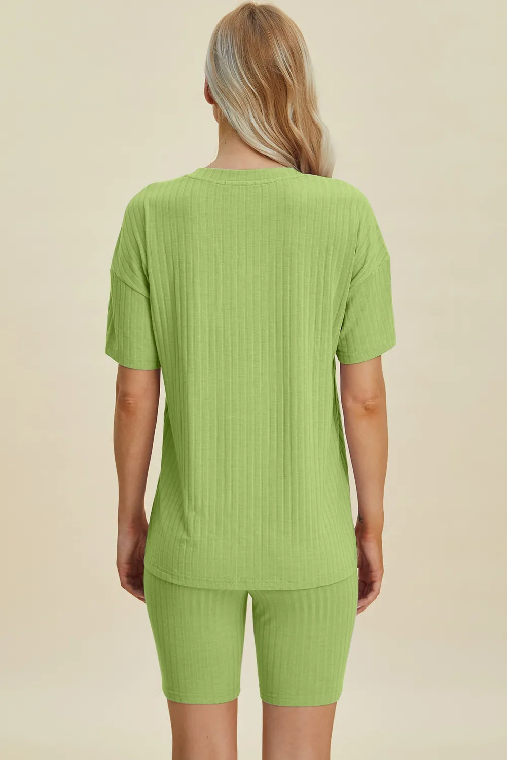 Plus Size Ribbed V-Neck Short Sleeve Top and Shorts Set in Yellow-Green for Women