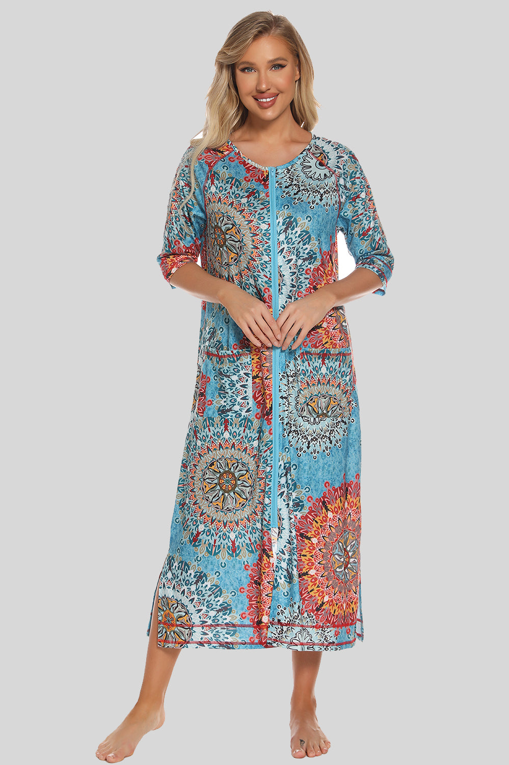 Printed Slit Night Dress with Pockets in Army Green for Women