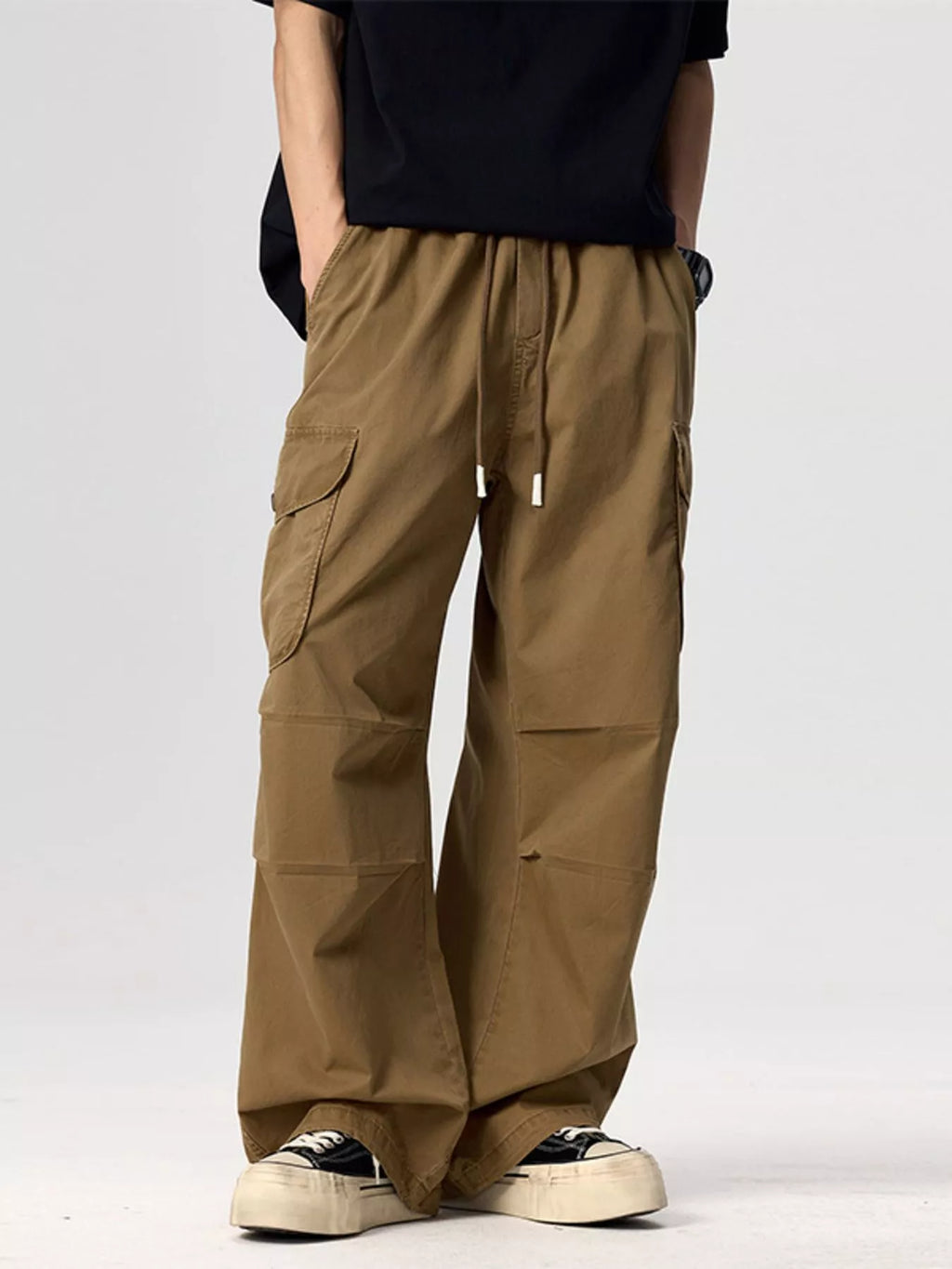 Plus Size Drawstring Wide Leg Cargo Pants in Deep Khaki for Men