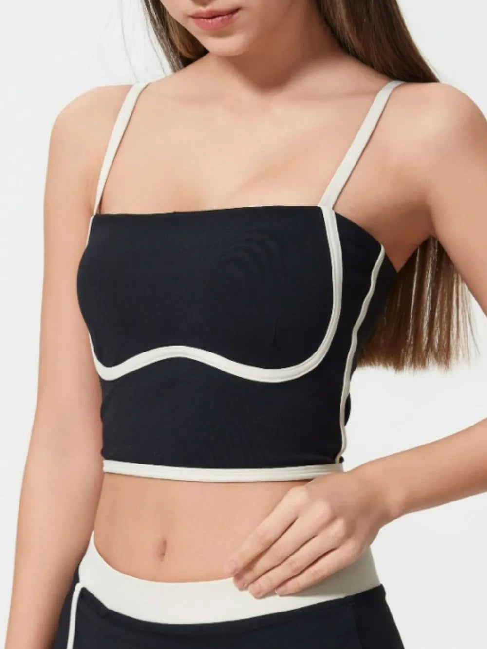 Contrast Trim Square Neck Active Cami with Detachable Chest Pads in Black for Women