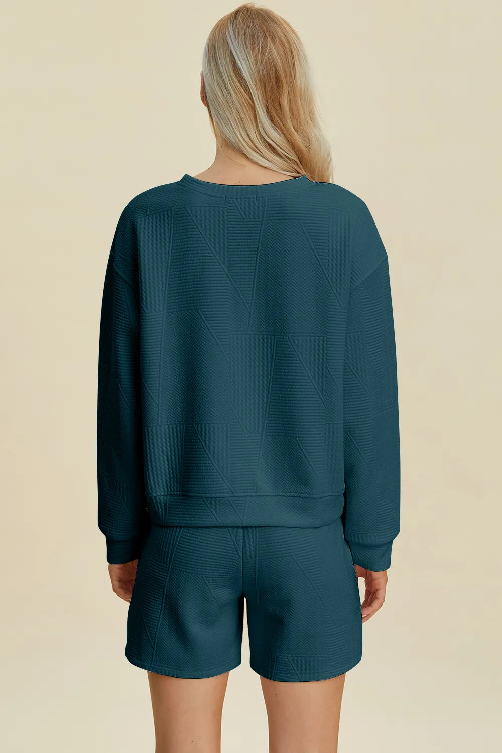 Plus Size Texture Round Neck Long Sleeve Top and Shorts Set in Peacock Blue for Women