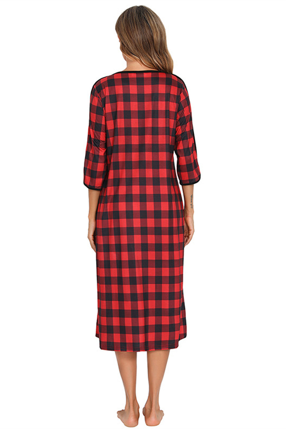 Round Neck Three-Quarter Sleeve Midi Night Dress in Black for Women