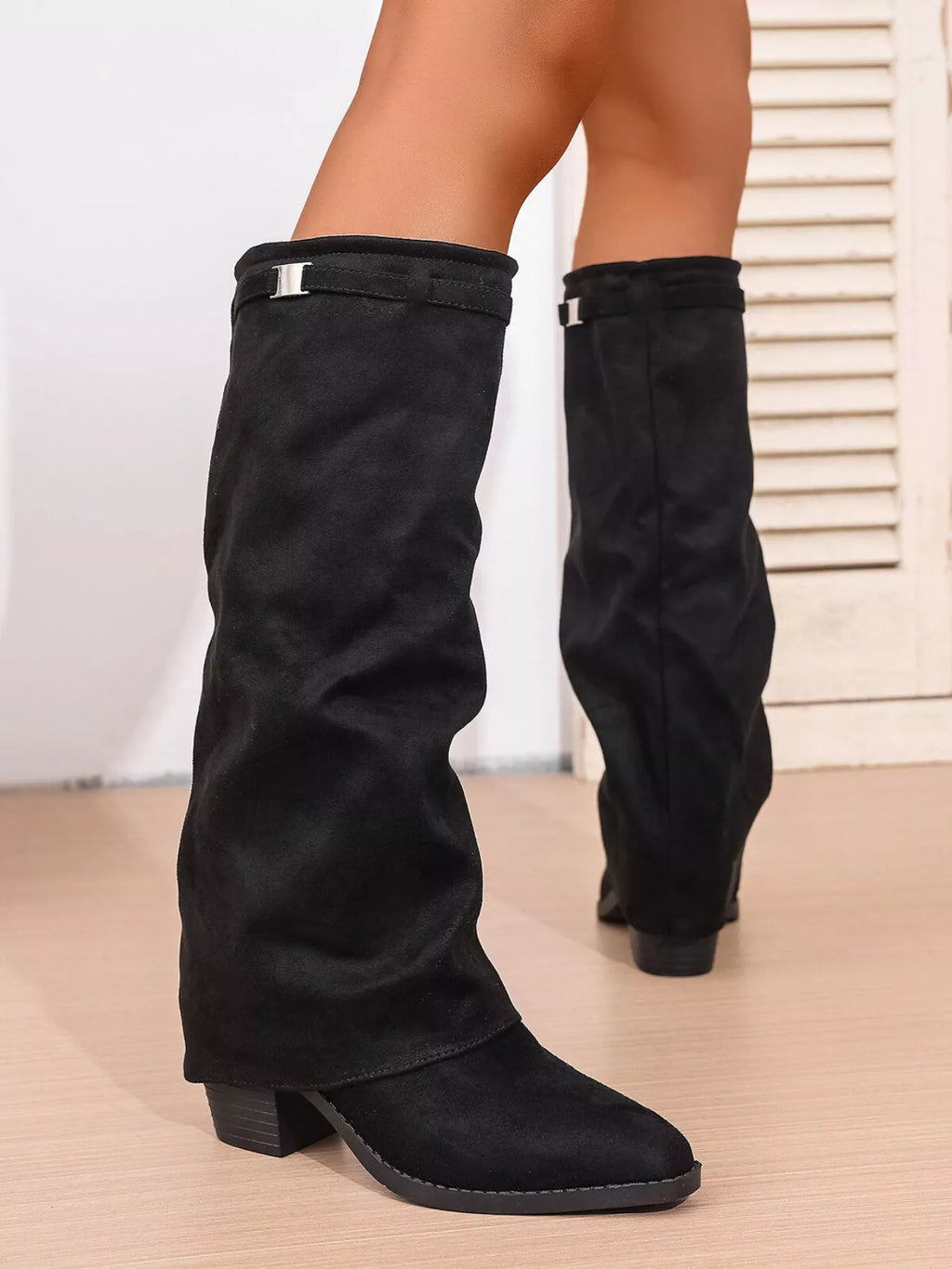 Point Toe Block Heels Boots in Classic in Black for Women