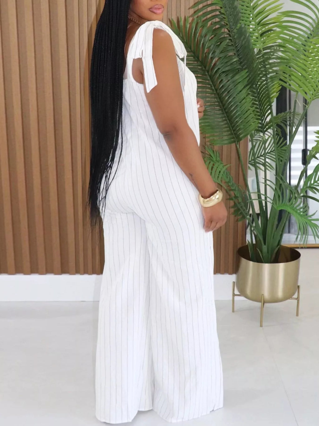 Striped Tie-Shoulder Wide Leg Jumpsuit in White for Women