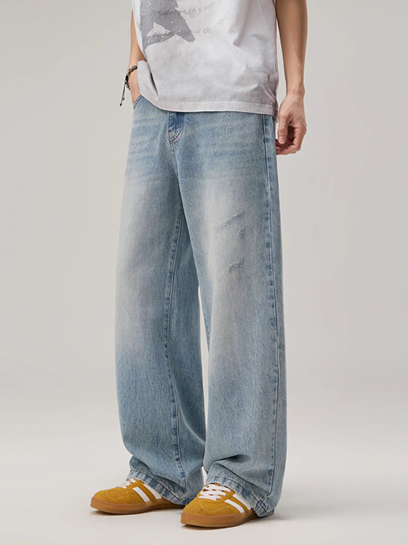 Wide Leg Wash Jeans in Light Blue for Men