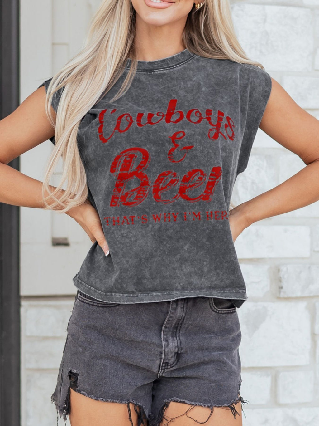 Cowboy & Beer Western Graphic Mineral Wash Tank Top in Dark Gray for Women