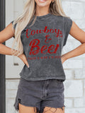 Cowboy & Beer Western Graphic Mineral Wash Tank Top in Dark Gray for Women