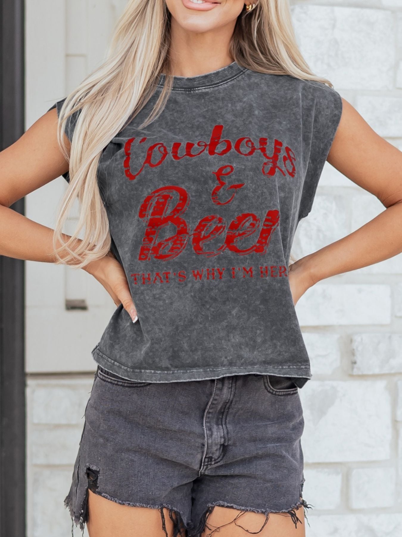 Cowboy & Beer Western Graphic Mineral Wash Tank Top in Dark Gray for Women