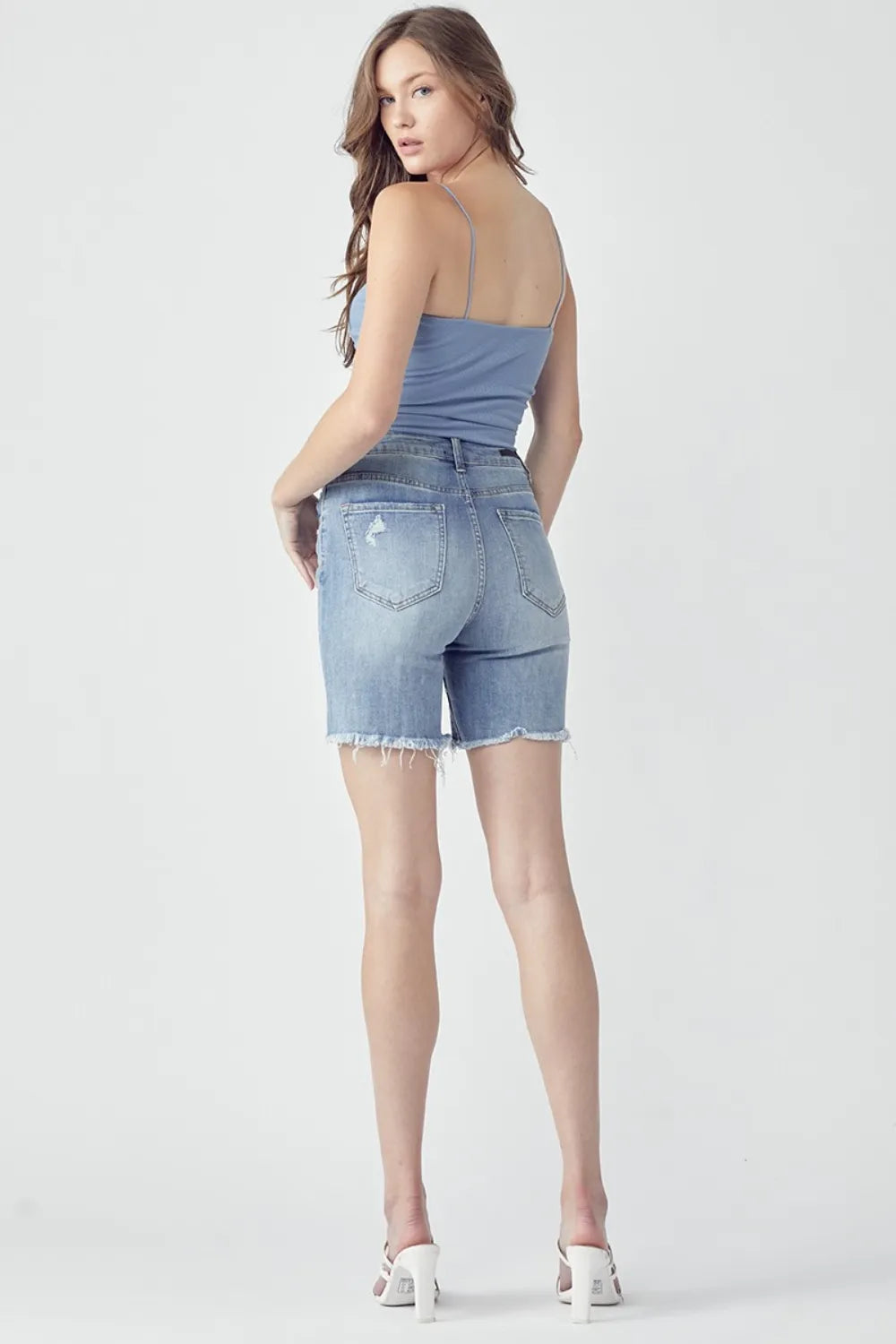 High Rise Distressed Denim Shorts in Light for Women