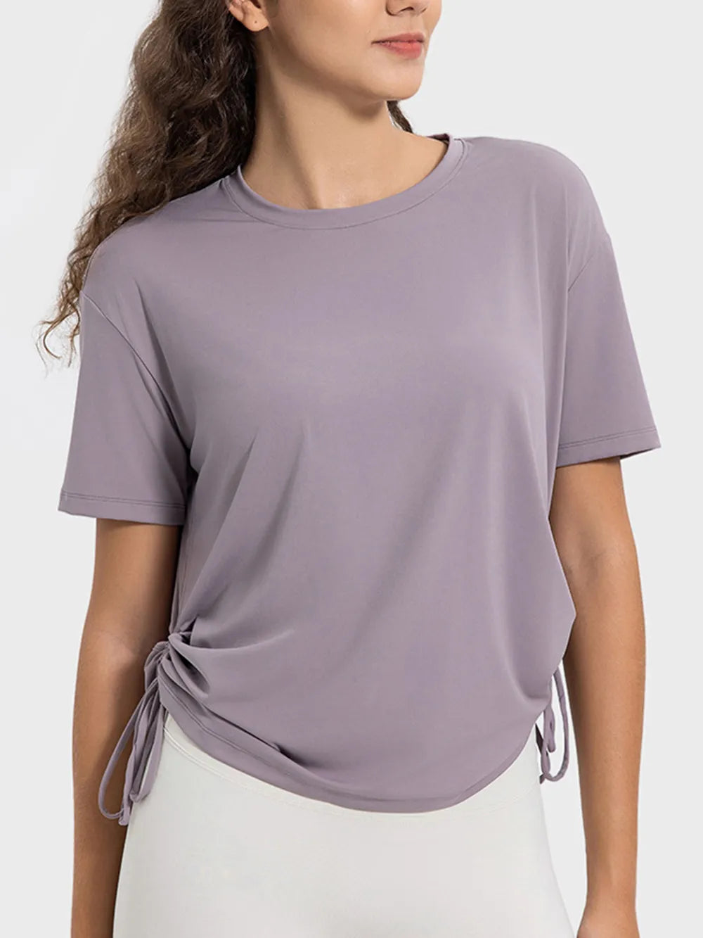 Drawstring Round Neck Short Sleeve Active T-Shirt in Black for Women