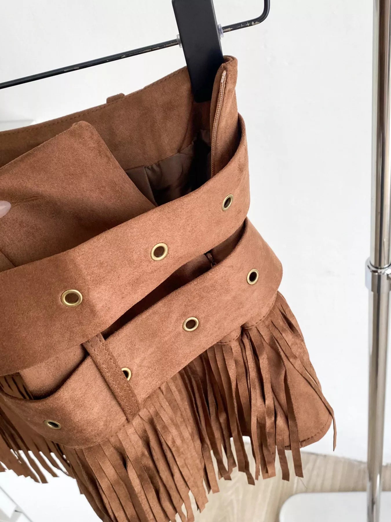 Fringe Belted Mini Skirt in Khaki for Women