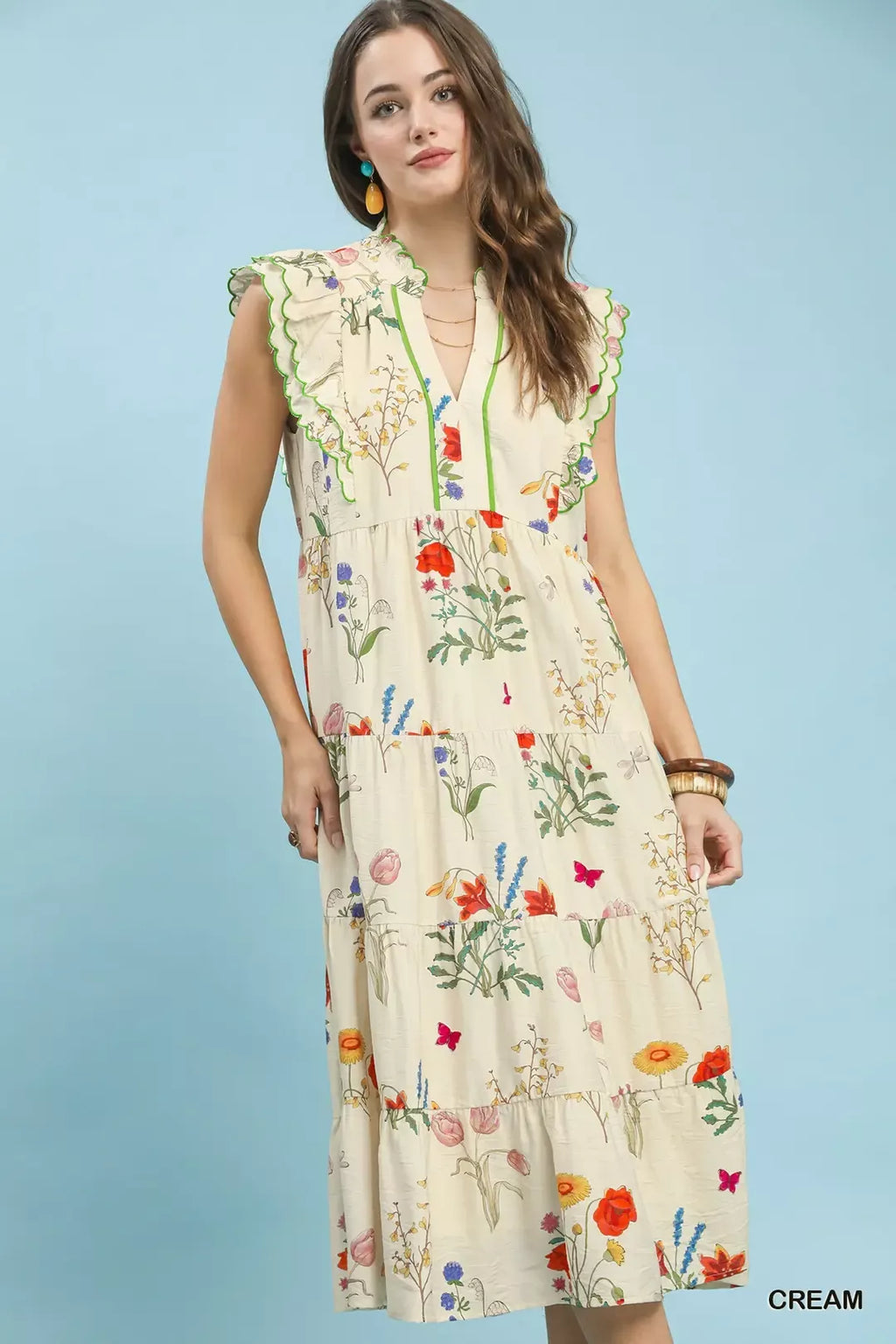 Floral Ruffle Tiered Midi Dress with Scalloped Detail for Women
