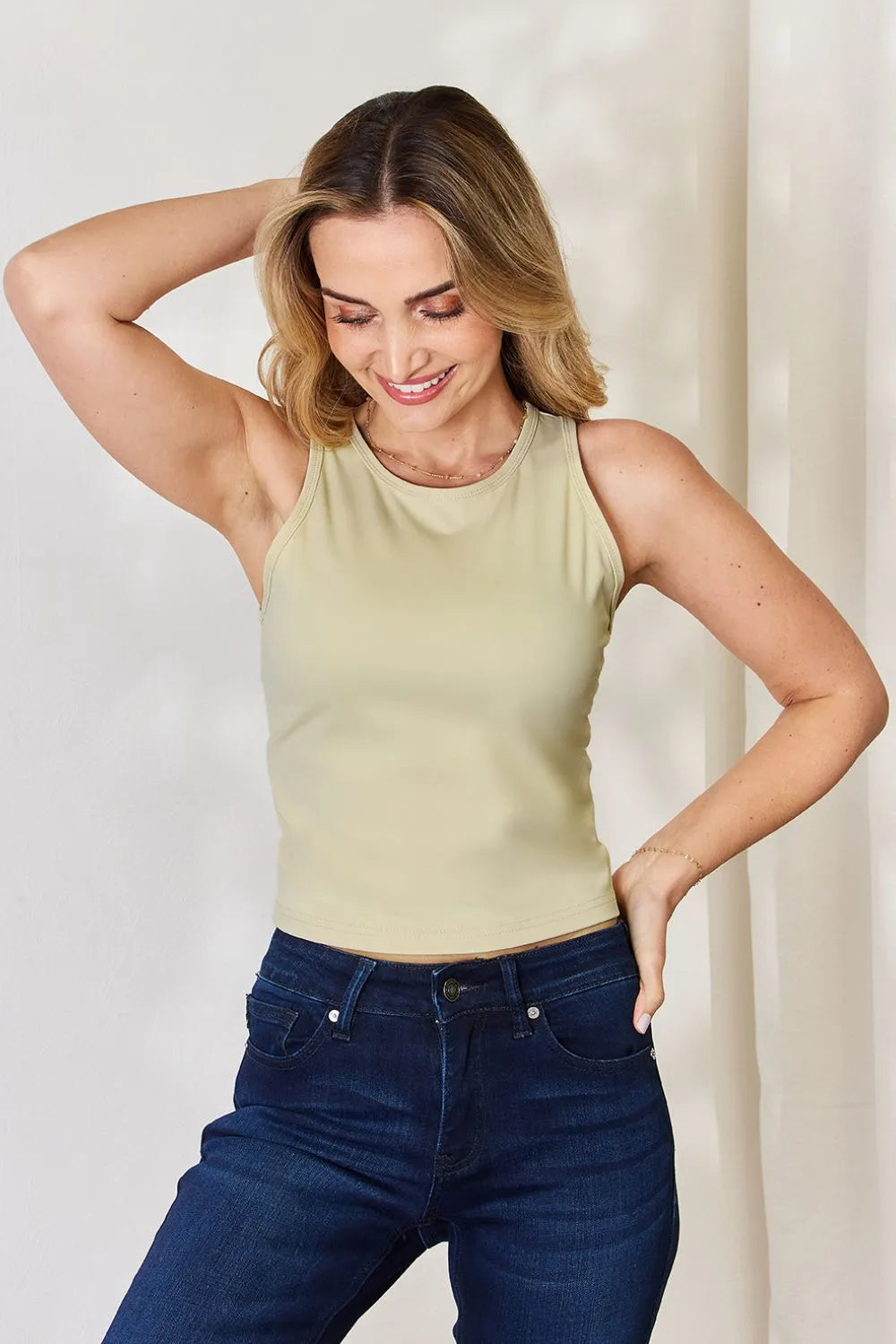 Plus Size Round Neck Slim Tank in Black in Beige for Women