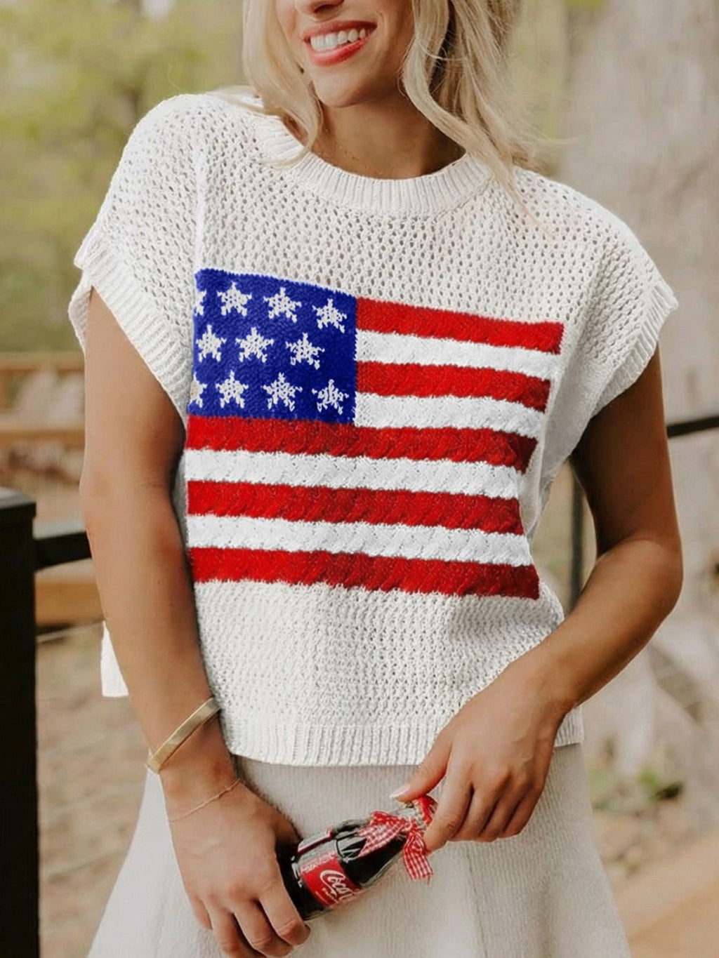 American Flag Knitted Short Sleeve Sweater in White for Women