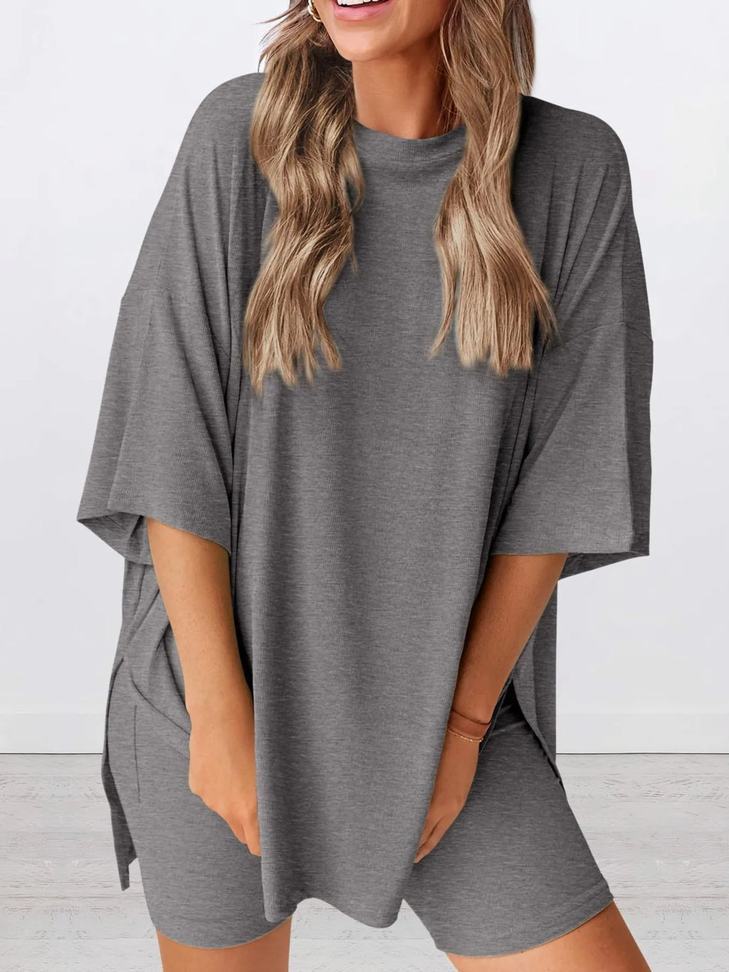 Oversized Slit Round Neck Top and Shorts Lounge Set Plus Size in Army Green for Women