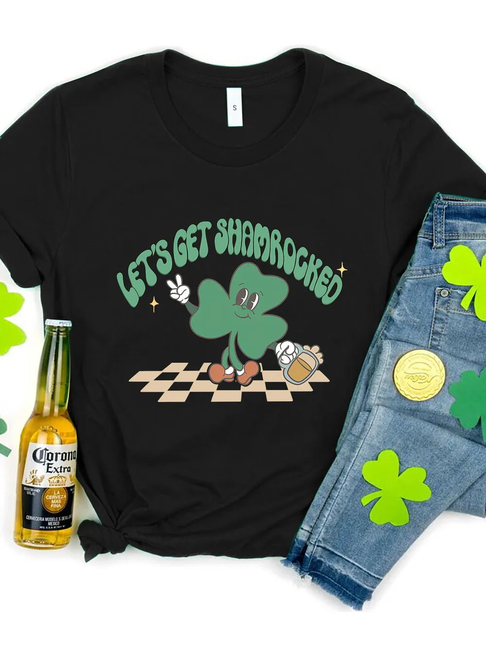 Lets Get Shamrocked Round Neck T-Shirt in Black for Women