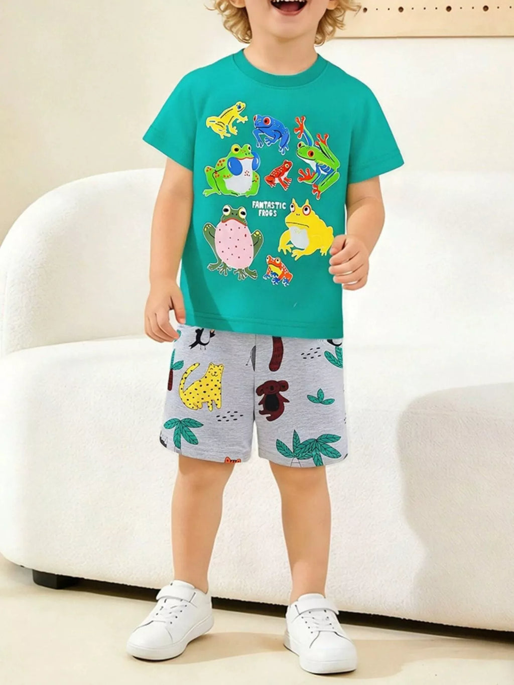 Frog Print Short Sleeve Tee and Shorts Set in Turquoise for Boys