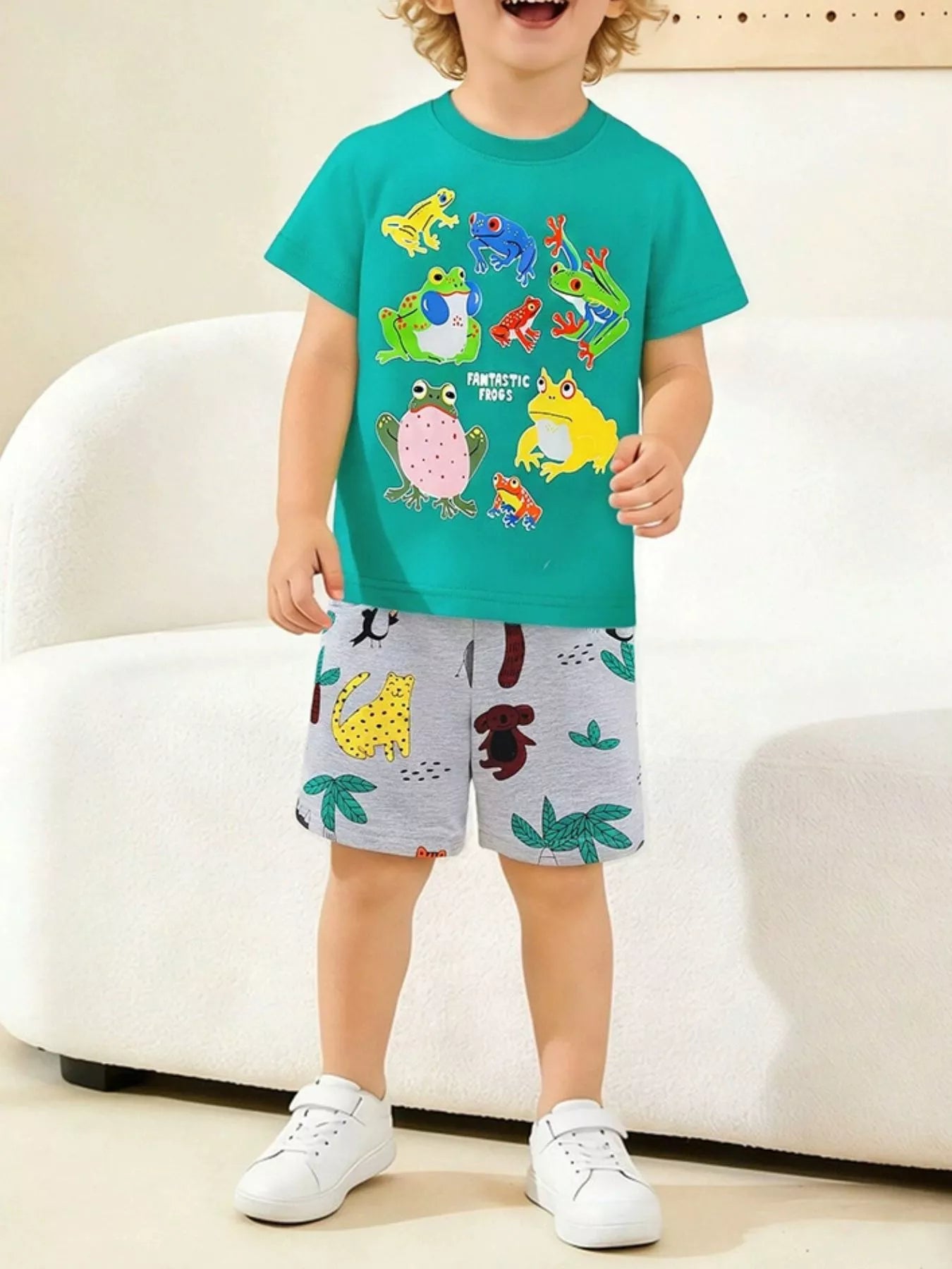 Frog Print Short Sleeve Tee and Shorts Set in Turquoise for Boys