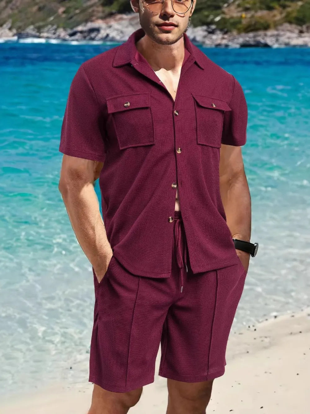 Button Down Short Sleeve Top and Shorts Set Plus Size in Deep Teal for Men
