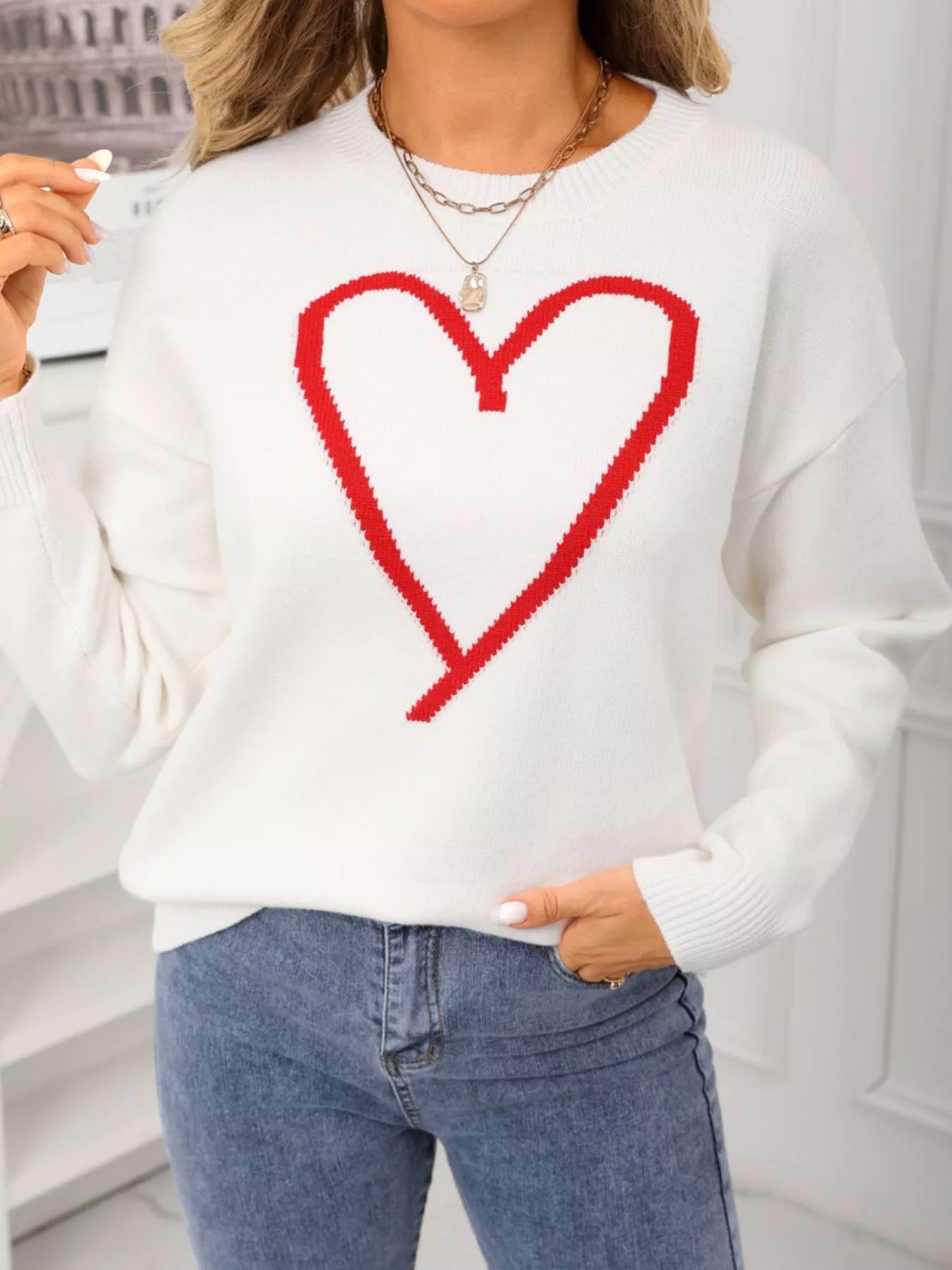 Valentines Day Heart Graphic Dropped Shoulder Sweater in Black for Women
