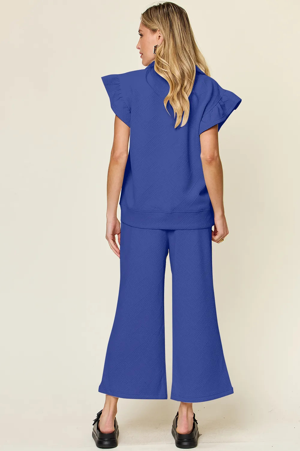 Texture Ruffle Short Sleeve Top and Drawstring Wide Leg Pants Set in Cream for Women