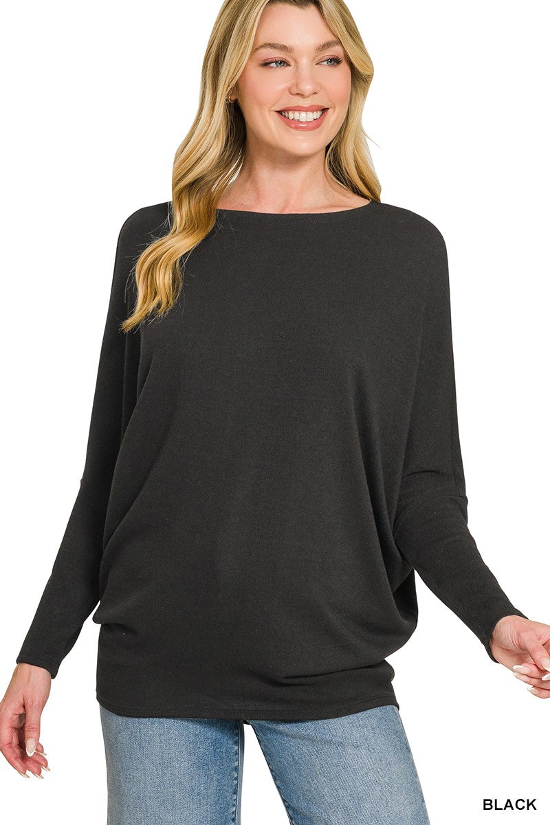 Hacci Dolman Sleeve Boat Neck Top in Black for Women