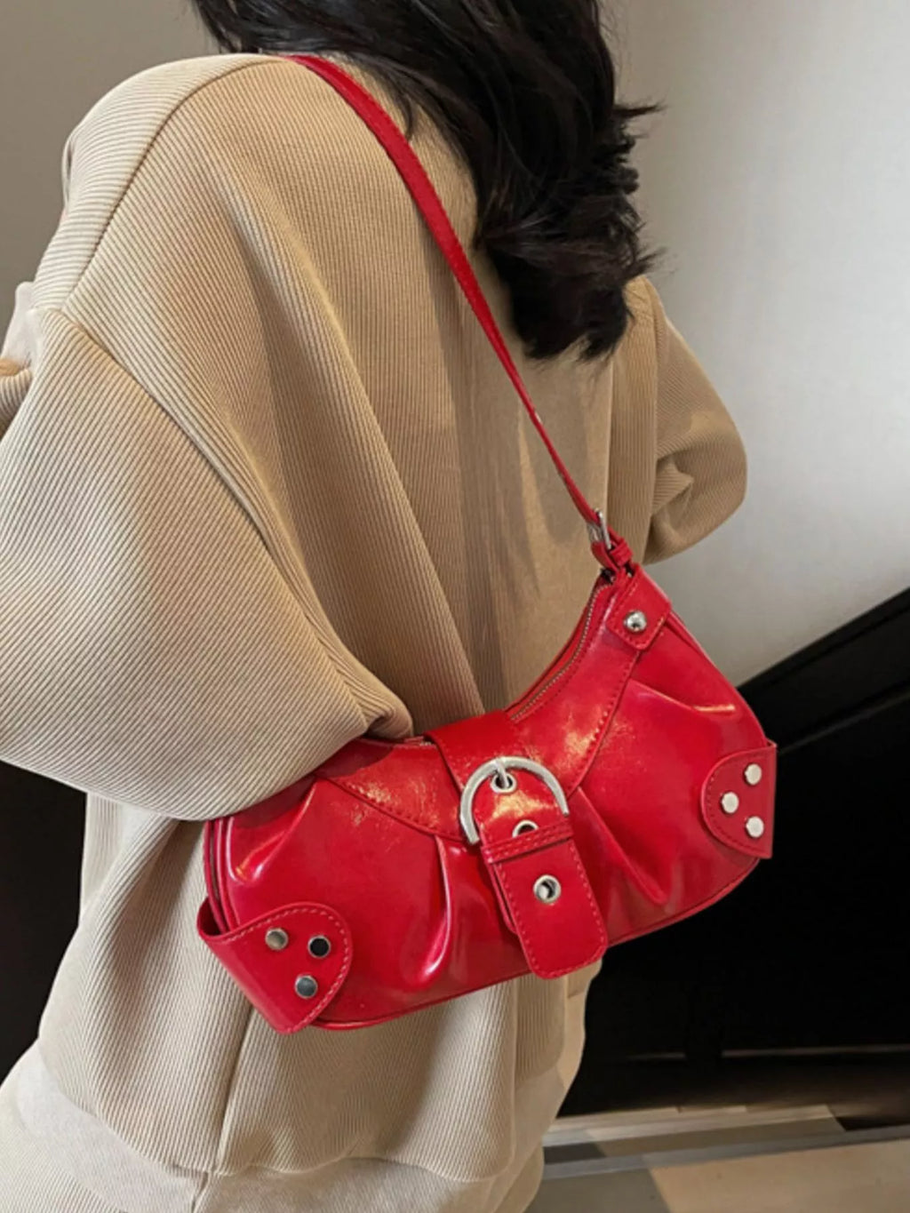 Studded Buckle Shoulder Bag for Women