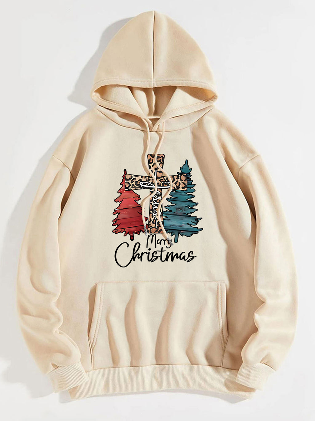 Merry Christmas Graphic Drawstring Hoodie in Chestnut in Blush Pink for Women
