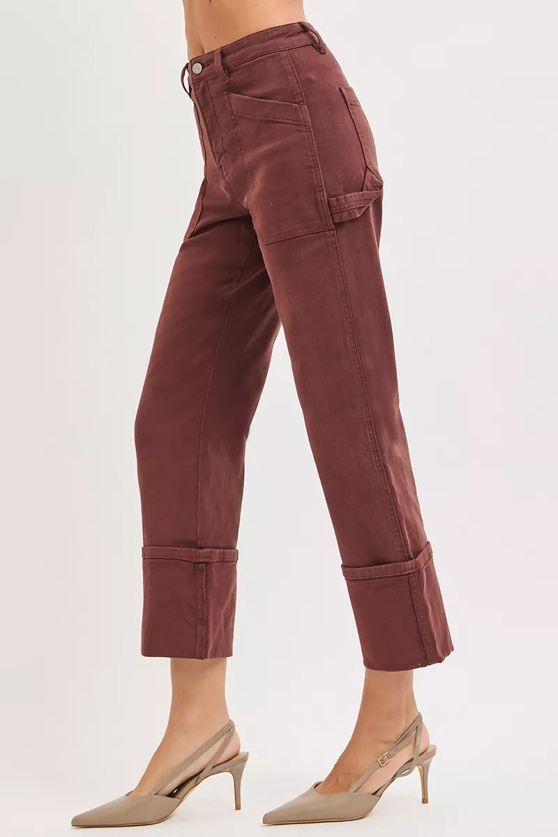 High Rise Wide Straight Cuffed Patch Jeans Plus Size in Choco Brown for Women